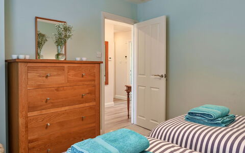 Paw'S Rest: Furniture, Blue, Interior Design, Bedroom, Bed, Wood, Flooring, Floor, Drawer, Room
