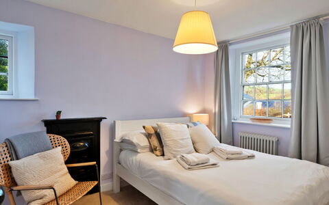 Horseshoe Cottage: Interior Design, Bed, Bedroom, Furniture, Flooring, Floor, Bedding, Ceiling, Wood, Bed Sheet