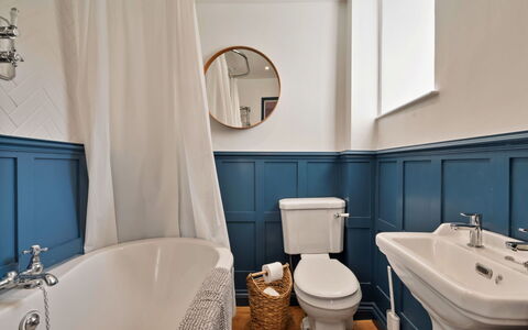 Horseshoe Cottage: Bathroom, Interior Design, Plumbing Fixture, Flooring, Floor, Plumbing, Tap, Tile, Bathtub, Light Fixture