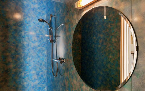 Westward Ho 604: Blue, Plumbing Fixture, Plumbing, Bathroom, Mirror, Light Fixture, Tap, Tile, Sink, Bathroom Sink