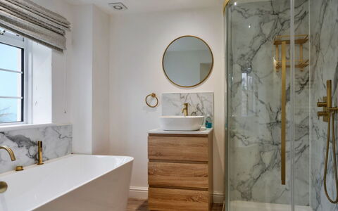 Hillside Rise: Interior Design, Bathroom, Flooring, Plumbing Fixture, Floor, Mirror, Bathroom Cabinet, Plumbing, Tap, Home