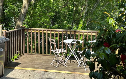 Palm Cott: Wood, Furniture, Outdoor Furniture, Porch, Outdoor Table, Fence, Deck, Wood Stain, Hardwood, Baluster
