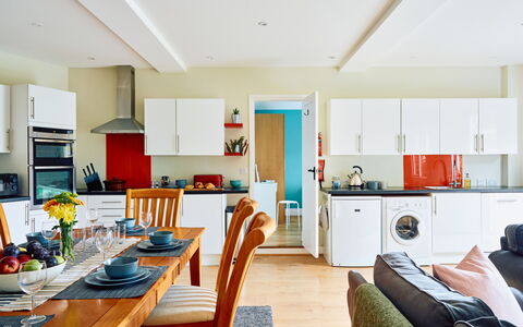 The Barn at Courtleigh: Furniture, Interior Design, Flooring, Floor, Wood, Ceiling, Kitchen, Room, Major Appliance, Chair