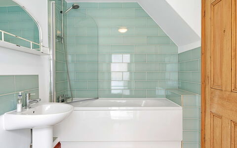 Larkrise: Flooring, Wall, Bathroom, Floor, Interior Design, Plumbing Fixture, Bathtub, Plumbing, Tile, Tap