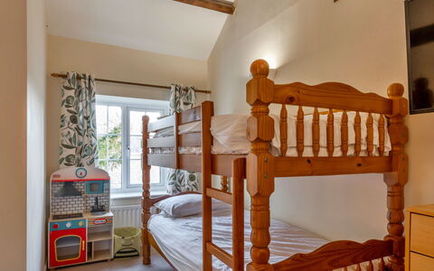 Trimstone Manor - Granary Cottage: Interior Design, Furniture, Flooring, Wood, Floor, Bed, Bedroom, Room, Ceiling, Lighting