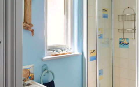 The Anchorage: Blue, Wall, Bathroom, Interior Design, Flooring, Plumbing Fixture, Floor, Room, Plumbing, Home