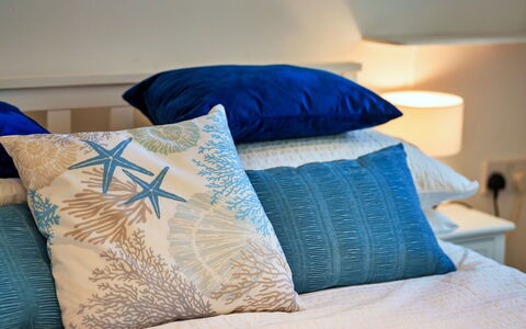 The Wash House, Kingsand: Blue, Linens, Cushion, Throw Pillow, Textile, Pillow, Bed Sheet, Bedding, Bedroom, Bed