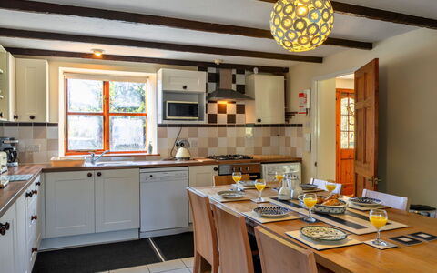 Mill Cottage, Great Houndbeare Farm: Furniture, Interior Design, Light Fixture, Wood, Ceiling, Flooring, Kitchen, Cabinetry, Countertop, Room