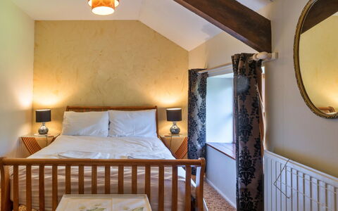 Mill Cottage, Great Houndbeare Farm: Furniture, Wall, Interior Design, Bed, Wood, Bedroom, Ceiling, Floor, Flooring, Room