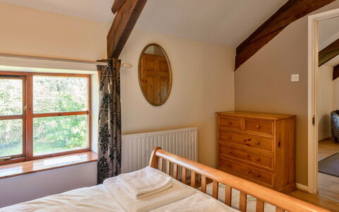Mill Cottage, Great Houndbeare Farm: Bed, Bedroom, Interior Design, Furniture, Wall, Wood, Bedding, Bed Sheet, Ceiling, Flooring