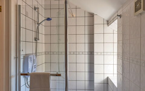 Mill Cottage, Great Houndbeare Farm: Bathroom, Plumbing Fixture, Flooring, Floor, Interior Design, Plumbing, Shower, Tile, Shower Head, Tap