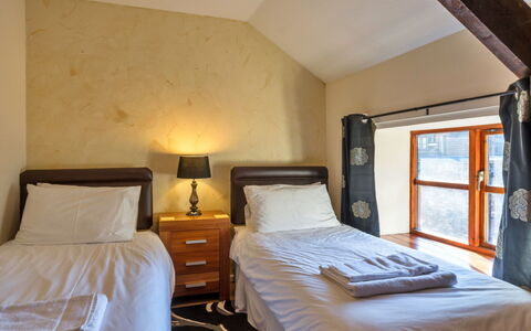 Mill Cottage, Great Houndbeare Farm: Wall, Wood, Bed, Bedroom, Interior Design, Floor, Flooring, Furniture, Ceiling, Bed Sheet
