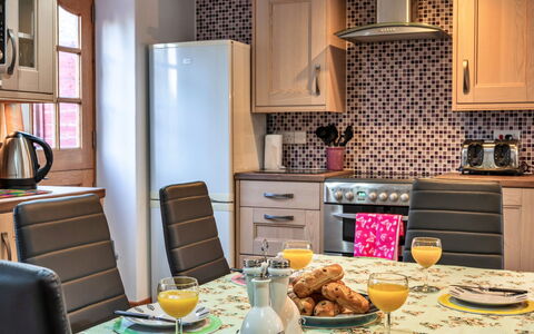 Ivy Cottage, Great Houndbeare Farm: Furniture, Kitchen, Kitchen Appliance, Interior Design, Major Appliance, Countertop, Flooring, Cabinetry, Tableware, Room