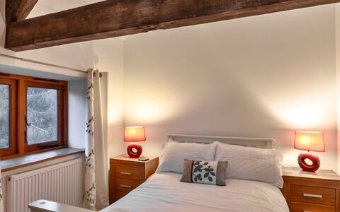 Ivy Cottage, Great Houndbeare Farm: Furniture, Interior Design, Bed, Bedroom, Wall, Wood, Ceiling, Bedding, Bed Sheet, Room