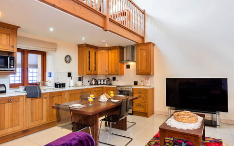Cob Barn, Great Houndbeare Farm: Furniture, Interior Design, Wood, Flooring, Ceiling, Floor, Room, Table, Kitchen, Cabinetry