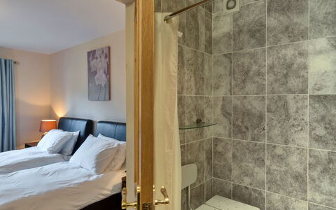Cob Barn, Great Houndbeare Farm: Interior Design, Flooring, Furniture, Floor, Wood, Bed, Room, Ceiling, Lighting, Bedroom