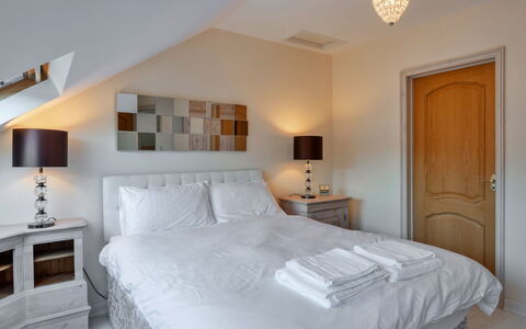 Cob Barn, Great Houndbeare Farm: Furniture, Bed, Bedroom, Interior Design, Bedding, Bed Sheet, Wood, Ceiling, Floor, Flooring
