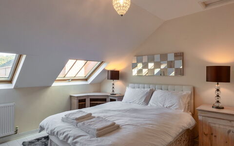 Cob Barn, Great Houndbeare Farm: Furniture, Bed, Interior Design, Bedroom, Bedding, Bed Sheet, Ceiling, Wood, Floor, Flooring