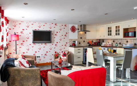 Poppy Cottage, Great Houndbeare Farm: Furniture, Interior Design, Red, Living Room, Couch, Ceiling, Room, Flooring, Home, Lighting