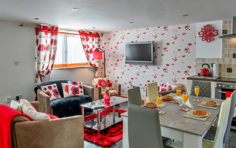 Poppy Cottage, Great Houndbeare Farm: Furniture, Interior Design, Home, Apartment, Living Room, Room, Couch, Ceiling, Throw Pillow, Chair