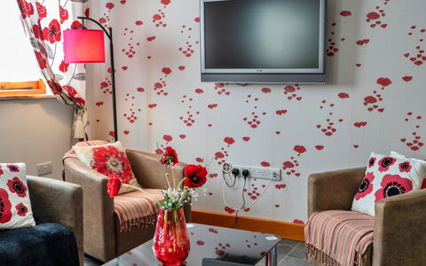 Poppy Cottage, Great Houndbeare Farm: Furniture, Interior Design, Wall, Red, Textile, Living Room, Pink, Home, Couch, Lighting