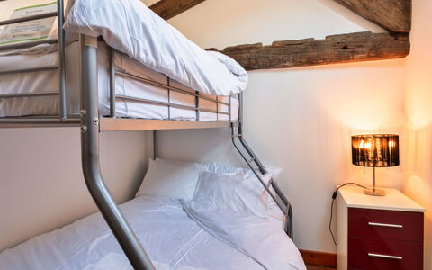 Poppy Cottage, Great Houndbeare Farm: Bed, Bedroom, Bedding, Bed Sheet, Interior Design, Furniture, Linens, Bed Frame, Floor, Pillow