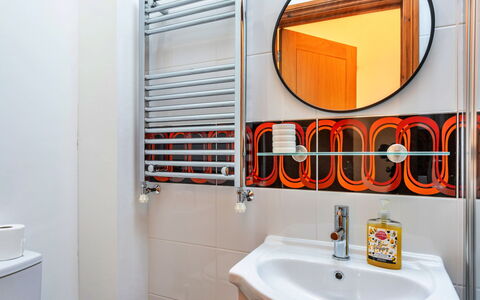 Poppy Cottage, Great Houndbeare Farm: Plumbing Fixture, Interior Design, Flooring, Floor, Plumbing, Bathroom, Orange, Tap, Room, Sink