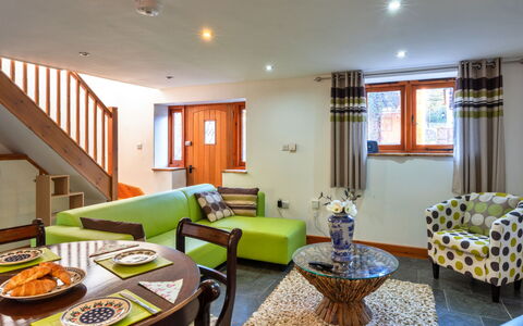 Lime Cottage, Great Houndbeare Farm: Interior Design, Furniture, Flooring, Ceiling, Floor, Room, Couch, Home, Living Room, Lighting