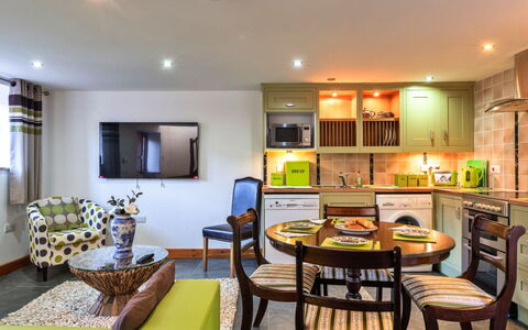 Lime Cottage, Great Houndbeare Farm: Furniture, Interior Design, Ceiling, Flooring, Couch, Floor, Room, Lighting, Table, Living Room
