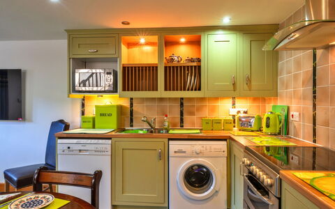 Lime Cottage, Great Houndbeare Farm: Kitchen, Kitchen Appliance, Major Appliance, Interior Design, Washing Machine, Countertop, Flooring, Furniture, Cabinetry, Ceiling
