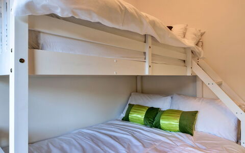 Lime Cottage, Great Houndbeare Farm: Bed, Bedding, Bedroom, Interior Design, Bed Sheet, Furniture, Bunk Bed, Wood, Flooring, Floor