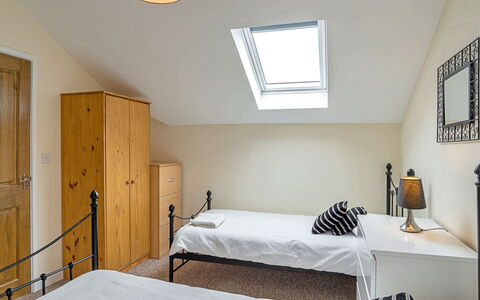 The Heselwood Coach House: Furniture, Bed, Interior Design, Bedroom, Floor, Wall, Flooring, Wood, Ceiling, Room