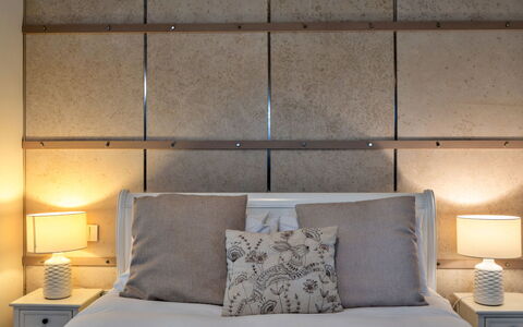 Pig Cottage at Dairy Cottages: Bedroom, Bedding, Bed, Linens, Bed Sheet, Furniture, Interior Design, Lighting, Bed Frame, Room