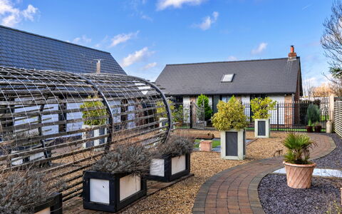 Pig Cottage at Dairy Cottages: Roof, Composite Material, Garden, Cottage, Landscaping, Yard, Shade, Driveway, Design