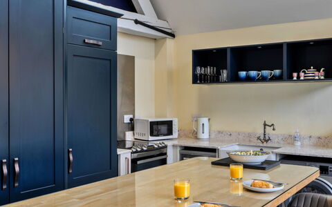 Ploughman'S Row No. 3 at Dairy Cottages: Furniture, Kitchen, Countertop, Interior Design, Kitchen Appliance, Cabinetry, Flooring, Wood, Ceiling, Floor