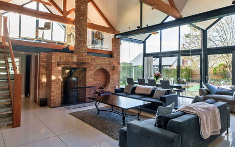 Big Barn at Dairy Cottages: Interior Design, Furniture, Flooring, Wood, Ceiling, Couch, Floor, Living Room, Chair, Table