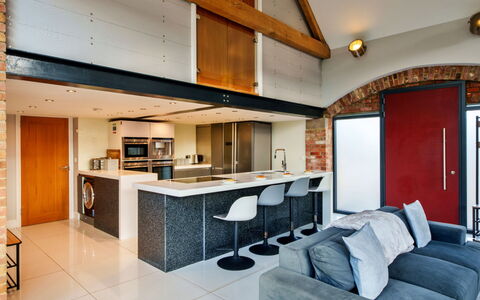 Big Barn at Dairy Cottages: Interior Design, Flooring, Ceiling, Furniture, Wood, Kitchen, Floor, Lighting, Light Fixture, Room