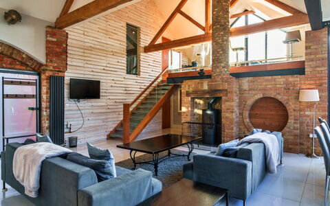 Big Barn at Dairy Cottages: Interior Design, Furniture, Couch, Flooring, Wood, Ceiling, Living Room, Floor, Room