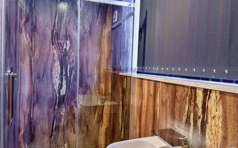Big Barn at Dairy Cottages: Glass, Plumbing Fixture, Wood Stain, Plumbing, Curtain, Mirror, Bathroom, Shower Curtain