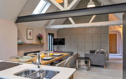 Ploughman'S Row No. 1 at Dairy Cottages: Furniture, Interior Design, Flooring, Wood, Ceiling, Floor, Lighting, Kitchen, Light Fixture, Room