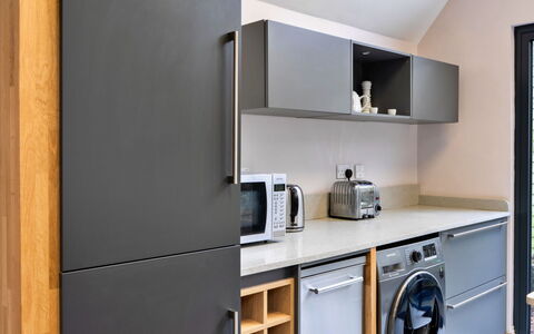 Ploughman'S Row No. 1 at Dairy Cottages: Kitchen, Furniture, Interior Design, Kitchen Appliance, Flooring, Cabinetry, Countertop, Major Appliance, Wood, Home Appliance