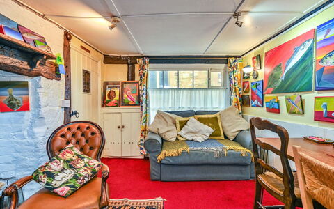 Old Town Cottage, Hastings: Furniture, Interior Design, Ceiling, Flooring, Couch, Floor, Lighting, Room, Picture Frame, Living Room