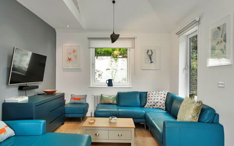 Three Quarter Cottage: Furniture, Interior Design, Couch, Flooring, Floor, Living Room, Table, Home, Room, Ceiling