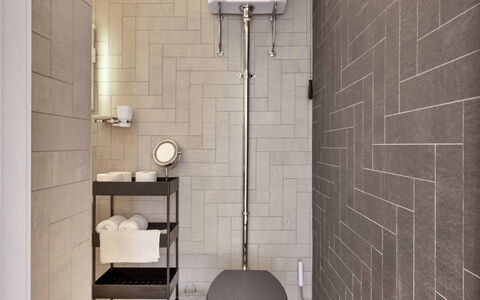 Three Quarter Cottage: Wall, Bathroom, Toilet Seat, Flooring, Toilet, Interior Design, Plumbing Fixture, Floor, Tile, Plumbing