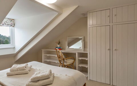 Smugglers Loft at Mixtow Creek: Bed, Furniture, Bedroom, Interior Design, Wall, Bedding, Bed Sheet, Wood, Ceiling, Flooring
