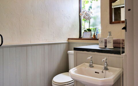 Pandy Farmhouse: Wall, Plumbing Fixture, Bathroom, Flooring, Interior Design, Tap, Floor, Plumbing, Room, Sink