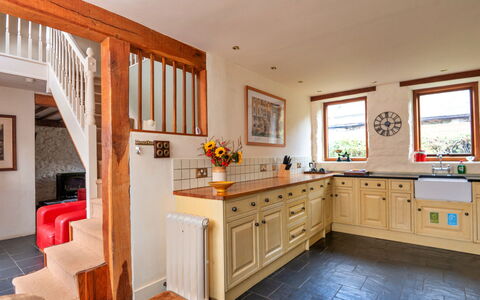 Pandy Farmhouse: Furniture, Interior Design, Flooring, Wood, Floor, Ceiling, Cabinetry, Room, Lighting, Kitchen