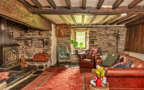 Y Cwtch: Wood, Flooring, Furniture, Ceiling, Home, Living Room, Stone Wall, Cottage, Hardwood