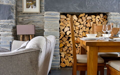 Garreg Ddu: Furniture, Interior Design, Wood, Flooring, Table, Chair, Lighting, Home, Living Room, Stone Wall