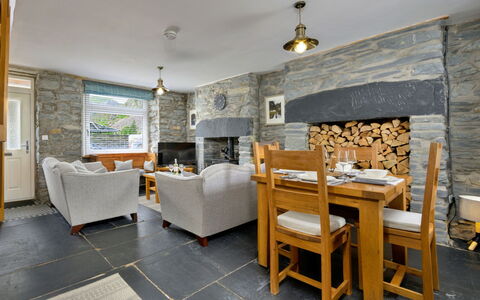 Garreg Ddu: Furniture, Wood, Flooring, Interior Design, Ceiling, Home, Floor, Stone Wall, Chair, Living Room